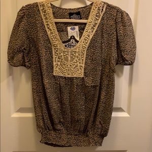 Boho Lace Detail Leopard Top Size Large